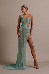 Mint Green One Shoulder Sleeveless Backless Sequined Rhinestone Column Slit Evening Gown