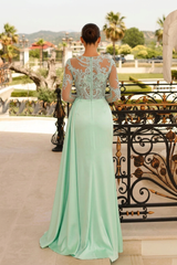 Mint Green Satin Long Sleeve Evening Gown Illusion Lace Crystal Beaded Bodice A-Line High Slit Draped Skirt Mother of the Bride