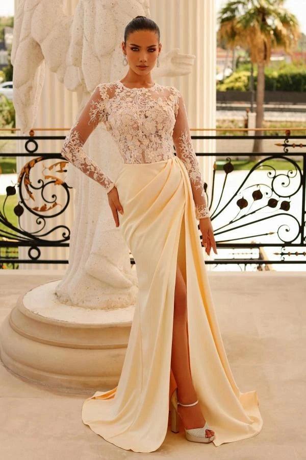 Mint Green Satin Long Sleeve Evening Gown Illusion Lace Crystal Beaded Bodice A-Line High Slit Draped Skirt Mother of the Bride