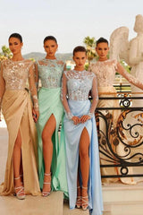 Mint Green Satin Long Sleeve Evening Gown Illusion Lace Crystal Beaded Bodice A-Line High Slit Draped Skirt Mother of the Bride