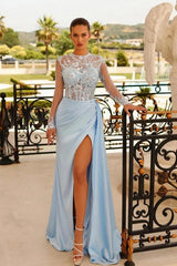 Mint Green Satin Long Sleeve Evening Gown Illusion Lace Crystal Beaded Bodice A-Line High Slit Draped Skirt Mother of the Bride