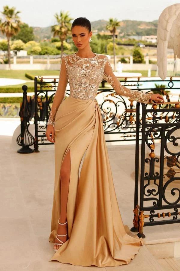 Mint Green Satin Long Sleeve Evening Gown Illusion Lace Crystal Beaded Bodice A-Line High Slit Draped Skirt Mother of the Bride