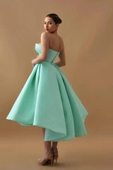Mint Green Satin Strapless Ball Gown Cocktail Dress Deep Sweetheart Bow Waist Crystal Back Tea Length Dramatic Party Gown