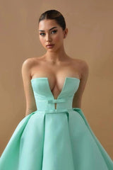 Mint Green Satin Strapless Ball Gown Cocktail Dress Deep Sweetheart Bow Waist Crystal Back Tea Length Dramatic Party Gown