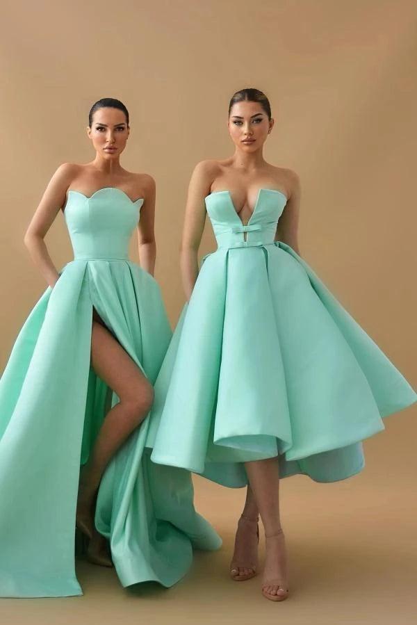 Mint Green Satin Strapless Ball Gown Cocktail Dress Deep Sweetheart Bow Waist Crystal Back Tea Length Dramatic Party Gown