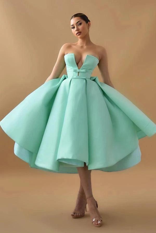 Mint Green Satin Strapless Ball Gown Cocktail Dress Deep Sweetheart Bow Waist Crystal Back Tea Length Dramatic Party Gown