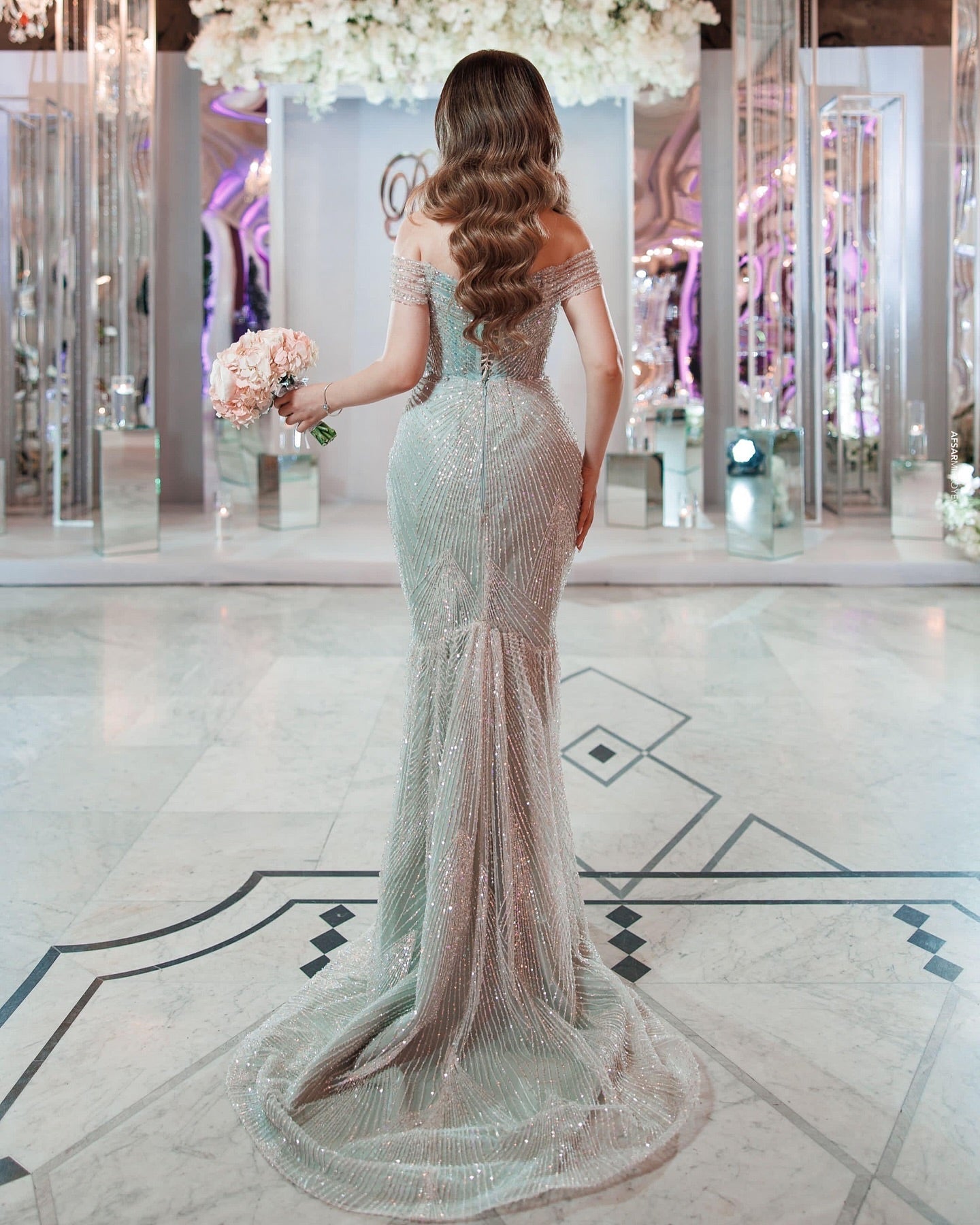 Mint Green Sequin Mermaid Formal Dress Off-the-Shoulder Heavy Beading Lace Up Back Sweep Train