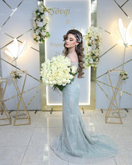 Mint Green Sequin Mermaid Formal Dress Off-the-Shoulder Heavy Beading Lace Up Back Sweep Train