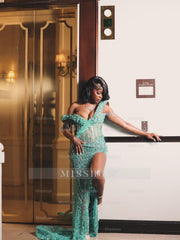 Mint Green Sequin Mermaid Prom Dress One Shoulder 3D Floral Crystal Fringe High Slit Evening Gown with Sweep Train