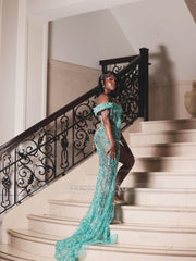 Mint Green Sequin Mermaid Prom Dress One Shoulder 3D Floral Crystal Fringe High Slit Evening Gown with Sweep Train