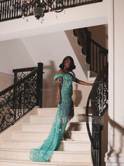 Mint Green Sequin Mermaid Prom Dress One Shoulder 3D Floral Crystal Fringe High Slit Evening Gown with Sweep Train