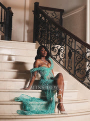 Mint Green Sequin Mermaid Prom Dress One Shoulder 3D Floral Crystal Fringe High Slit Evening Gown with Sweep Train