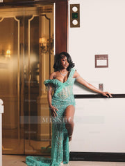 Mint Green Sequin Mermaid Prom Dress One Shoulder 3D Floral Crystal Fringe High Slit Evening Gown with Sweep Train