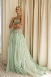 Mint Green Strapless Sleeveless Corset Ruching Ruffles Mermaid Tulle Formal Evening Gown