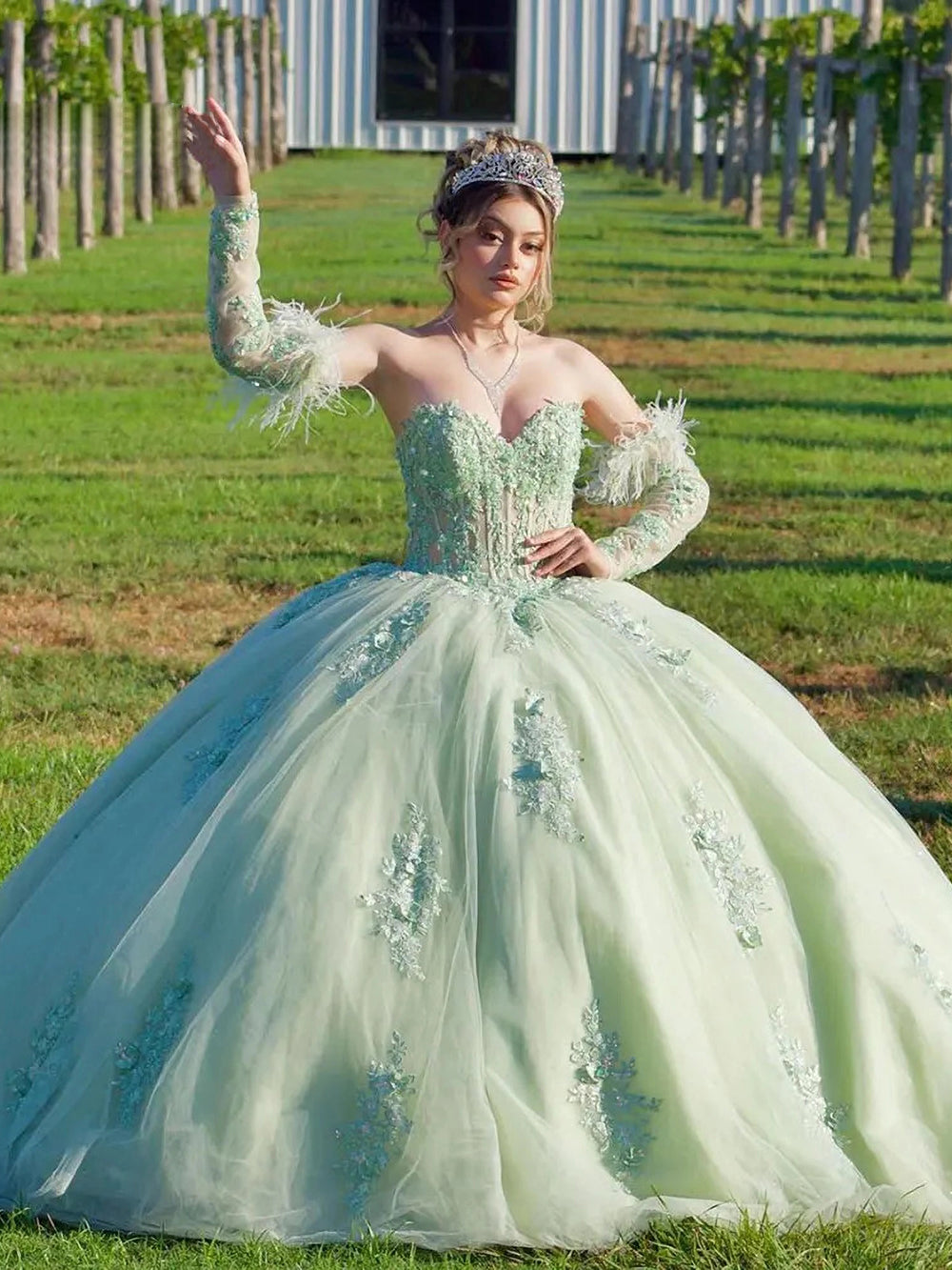 Mint Green Sweetheart Detachable Long Sleeve Feather Applique Ball Gown Quinceanera Dress