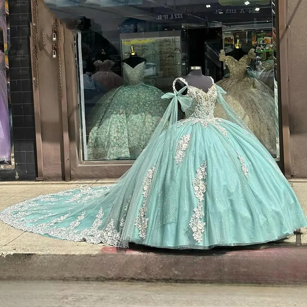 Mint Green Sweetheart Sleeveless 3D Floral Applique Beaded Bow Ball Gown Quinceanera Dress