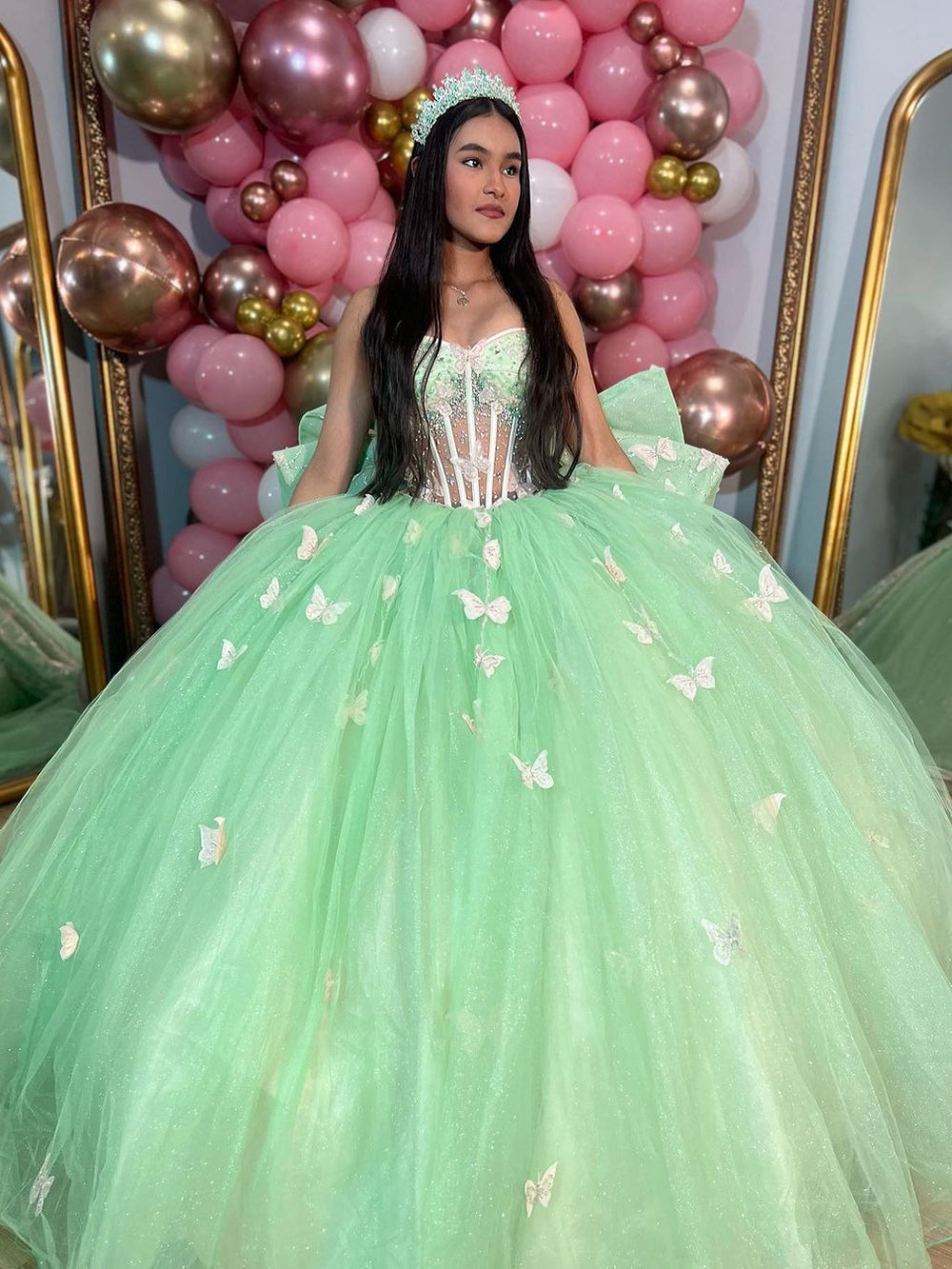 Mint Green Sweetheart Sleeveless Butterfly Applique Bow Ball Gown Quinceanera Dress