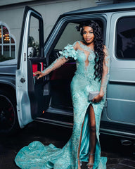 Mint Mermaid Prom Dress Deep V Illusion Boned Corset Silver Radial Stripe Beading One Shoulder 3D Mint Satin Floral Bloom One Long Sheer Illusion Sleeve Silver Scroll Vine Lace Embroidery Sapphire Blue Rhinestone High Split Sweep Train Gown