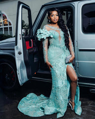 Mint Mermaid Prom Dress Deep V Illusion Boned Corset Silver Radial Stripe Beading One Shoulder 3D Mint Satin Floral Bloom One Long Sheer Illusion Sleeve Silver Scroll Vine Lace Embroidery Sapphire Blue Rhinestone High Split Sweep Train Gown