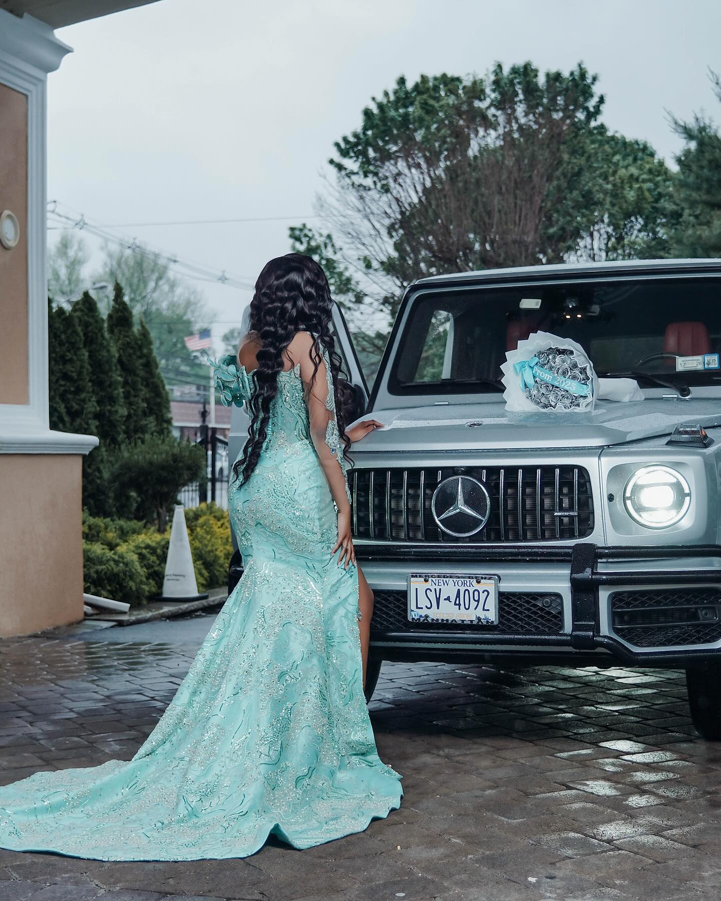 Mint Mermaid Prom Dress Deep V Illusion Boned Corset Silver Radial Stripe Beading One Shoulder 3D Mint Satin Floral Bloom One Long Sheer Illusion Sleeve Silver Scroll Vine Lace Embroidery Sapphire Blue Rhinestone High Split Sweep Train Gown
