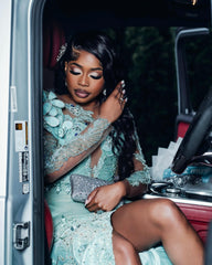 Mint Mermaid Prom Dress Deep V Illusion Boned Corset Silver Radial Stripe Beading One Shoulder 3D Mint Satin Floral Bloom One Long Sheer Illusion Sleeve Silver Scroll Vine Lace Embroidery Sapphire Blue Rhinestone High Split Sweep Train Gown