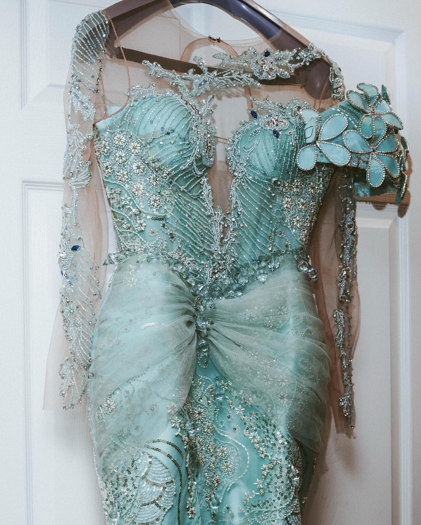 Mint Mermaid Prom Dress Deep V Illusion Boned Corset Silver Radial Stripe Beading One Shoulder 3D Mint Satin Floral Bloom One Long Sheer Illusion Sleeve Silver Scroll Vine Lace Embroidery Sapphire Blue Rhinestone High Split Sweep Train Gown