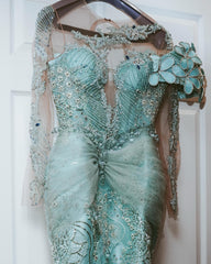 Mint Mermaid Prom Dress Deep V Illusion Boned Corset Silver Radial Stripe Beading One Shoulder 3D Mint Satin Floral Bloom One Long Sheer Illusion Sleeve Silver Scroll Vine Lace Embroidery Sapphire Blue Rhinestone High Split Sweep Train Gown