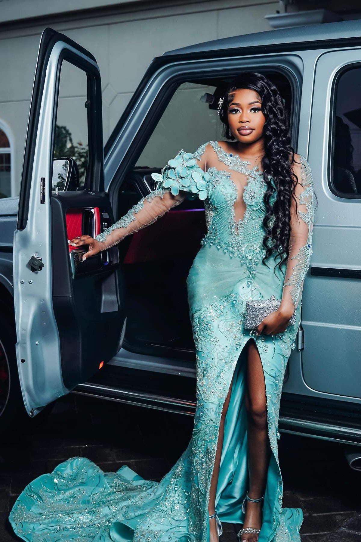 Mint Mermaid Prom Dress Deep V Illusion Boned Corset Silver Radial Stripe Beading One Shoulder 3D Mint Satin Floral Bloom One Long Sheer Illusion Sleeve Silver Scroll Vine Lace Embroidery Sapphire Blue Rhinestone High Split Sweep Train Gown