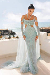 Mint V-Neck Sleeveless Sequined Beaded Mermaid Slit Floor Length Formal Evening Gown