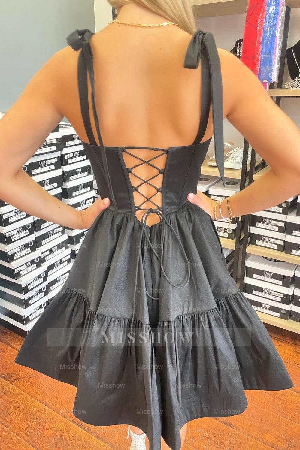 Misshow A-Line Black Adjustable Straps Corset Short Homecoming Dress/Mini Dress with Ruffles