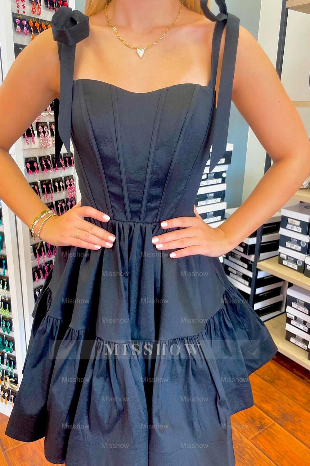 Misshow A-Line Black Adjustable Straps Corset Short Homecoming Dress/Mini Dress with Ruffles