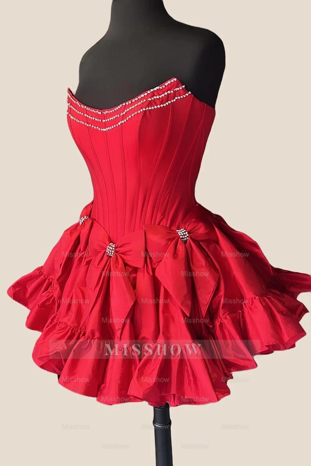 Misshow A Line Black Strapless Corset Ruffled Short Homecoming Dress/Mini Dress With Bows