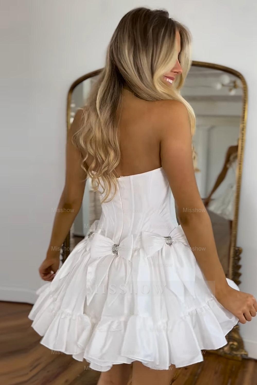 Misshow A Line Black Strapless Corset Ruffled Short Homecoming Dress/Mini Dress With Bows