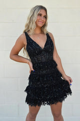 Misshow A-Line Black V-Neck Tiered Short Homecoming Dress/Mini Dress with Lace