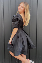 Misshow A-Line Black V-neck Short Homecoming Dress/Mini Dress with Puff Sleeves