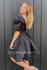 Misshow A-Line Black V-neck Short Homecoming Dress/Mini Dress with Puff Sleeves