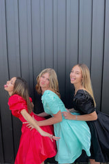 Misshow A-Line Black V-neck Short Homecoming Dress/Mini Dress with Puff Sleeves