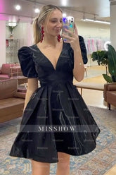 Misshow A-Line Black V-neck Short Homecoming Dress/Mini Dress with Puff Sleeves