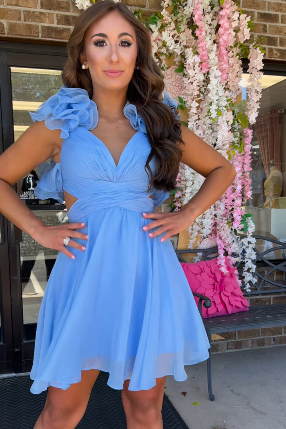 Misshow A Line Blue Floral Short Homecoming Dress/Mini Dress
