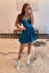 Misshow A-Line Blue Spaghetti Straps Metallic Short Homecoming Dress/Mini Dress