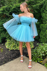 Misshow A-Line Blue Tulle Short Homecoming Dress/Mini Dress with Detachable Long Sleeves