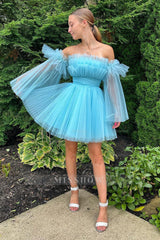 Misshow A-Line Blue Tulle Short Homecoming Dress/Mini Dress with Detachable Long Sleeves