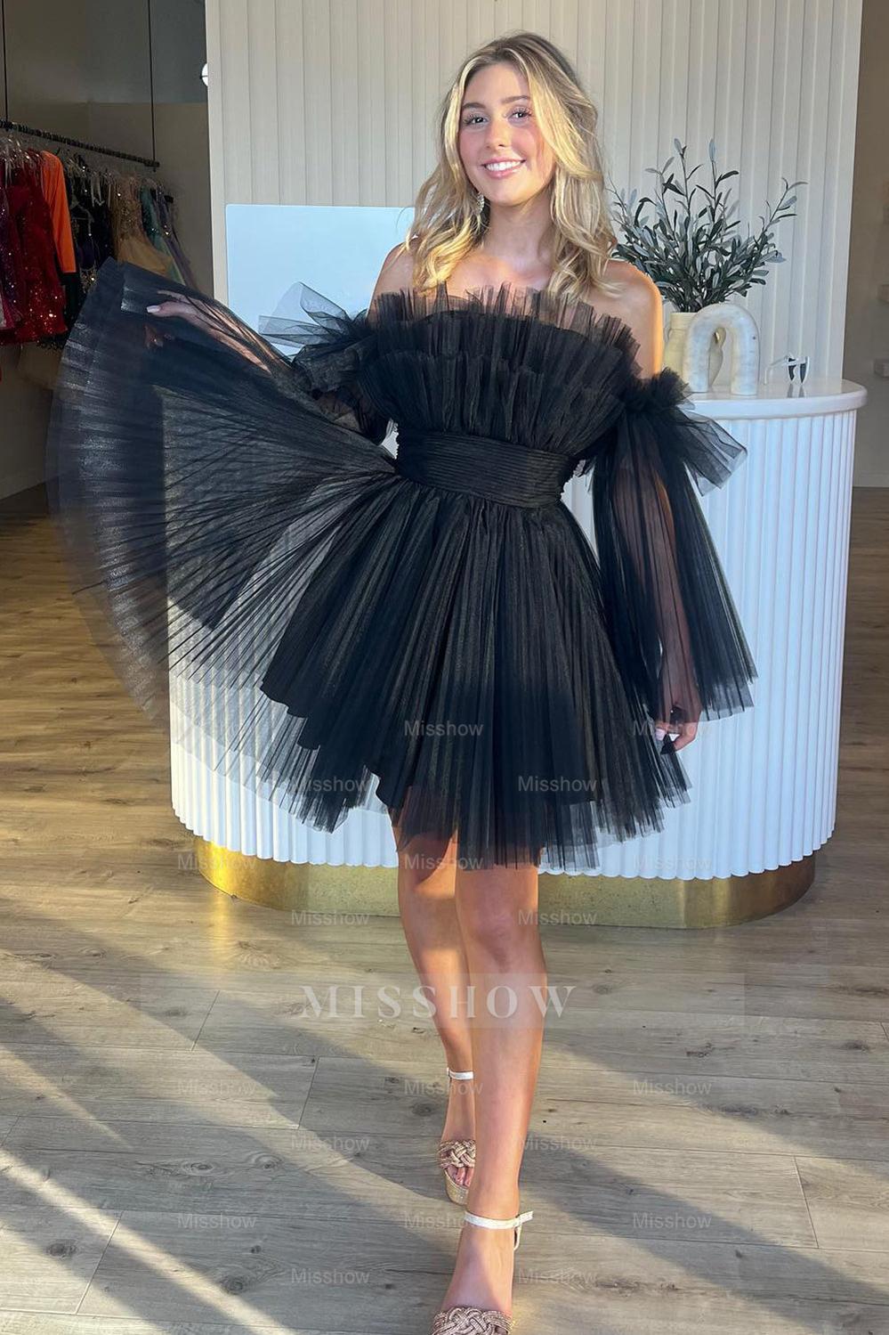 Misshow A-Line Blue Tulle Short Homecoming Dress/Mini Dress with Detachable Long Sleeves