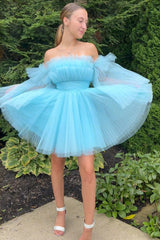 Misshow A-Line Blue Tulle Short Homecoming Dress/Mini Dress with Detachable Long Sleeves