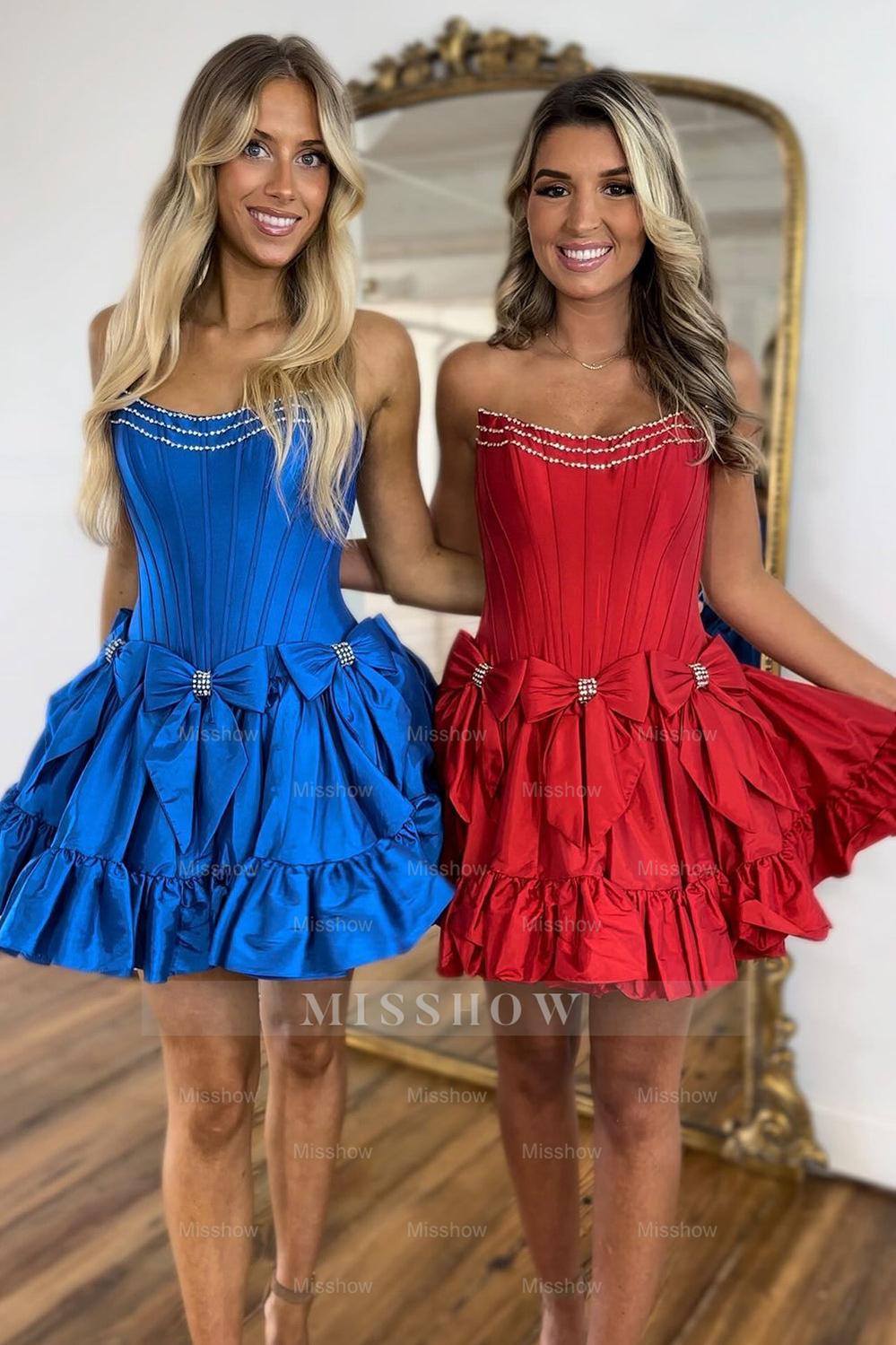 Misshow A Line Fuchsia Strapless Corset Short Homecoming Dress/Mini Dress With Bow