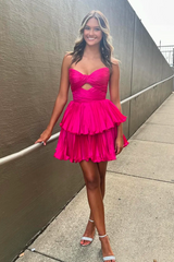 Misshow A-Line Fuchsia Strapless Pleated Tiered Short Homecoming Dress/Mini Dress