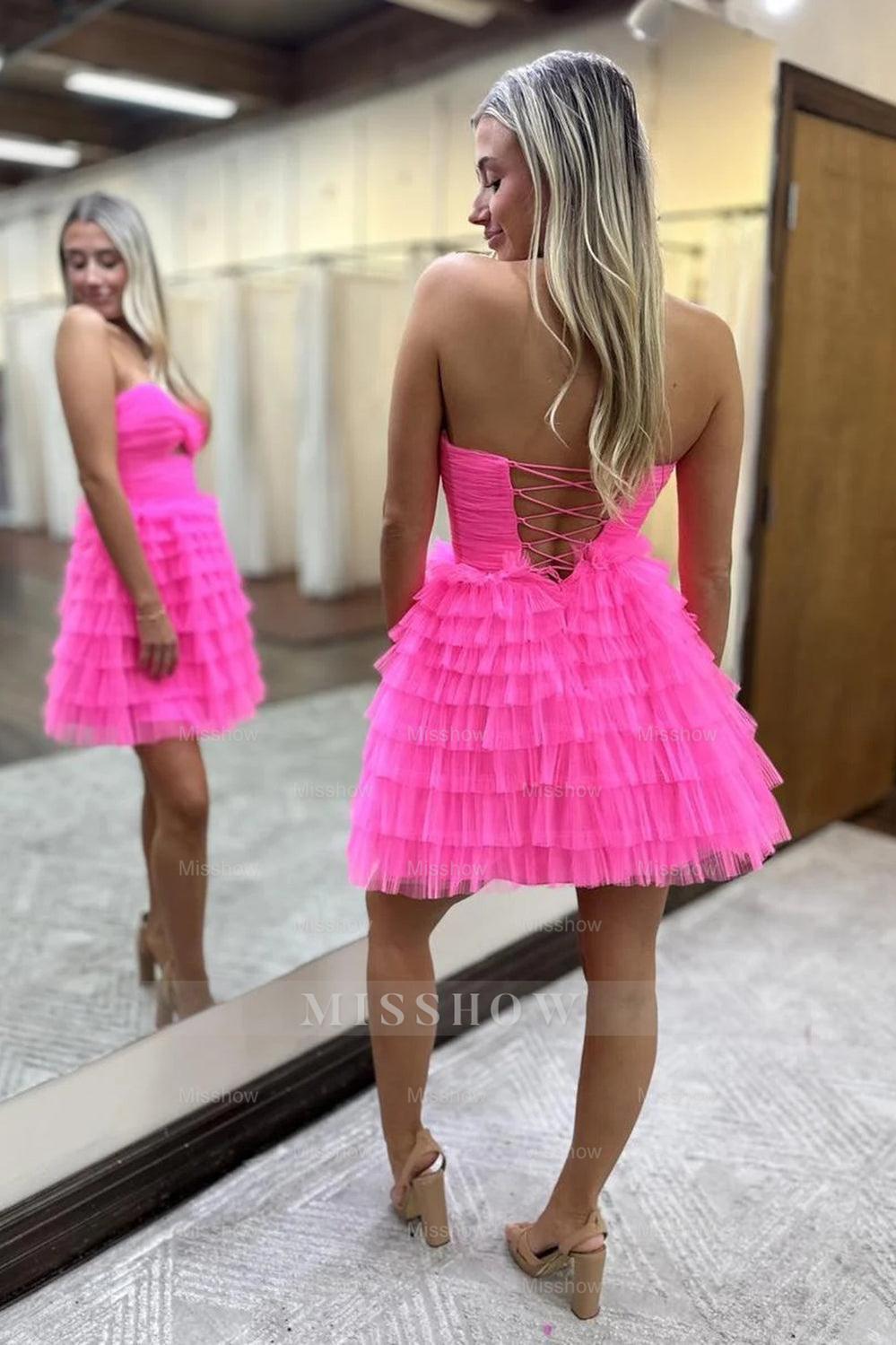 Misshow A-Line Fuchsia Strapless Tiered Tulle Short Homecoming Dress/Mini Dress with Keyhole