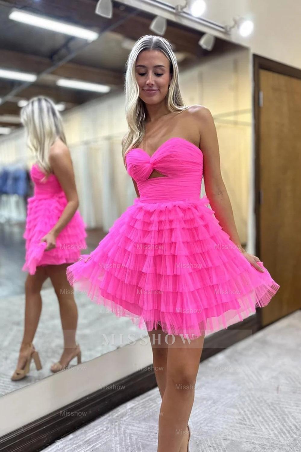 Misshow A-Line Fuchsia Strapless Tiered Tulle Short Homecoming Dress/Mini Dress with Keyhole