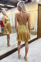 Misshow A Line Golden Criss Cross Halter Pleated Short Homecoming Dress/Mini Dress
