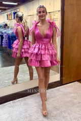 Misshow A Line Kelly Green V Neck Tiered Short Homecoming Dress/Mini Dress with Ruffles